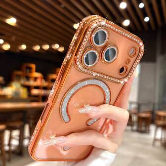 Fashionable Electroplated Rhinestone Transparent Phone Case Compatible With Apple 17 Pro Max, 17 Pro, 17 Air, 17, As Well As Apple 16, 15, 14, 13, A12, 11 Pro Max Plus, Supports Wireless Charging, Durable Anti-Drop, Crystal Rhinestone Design, Long-Lasting, Essential For Fashion Lovers, Ideal Choice For Apple Users, Supports 17 Pro Max And Magsafe Functions.