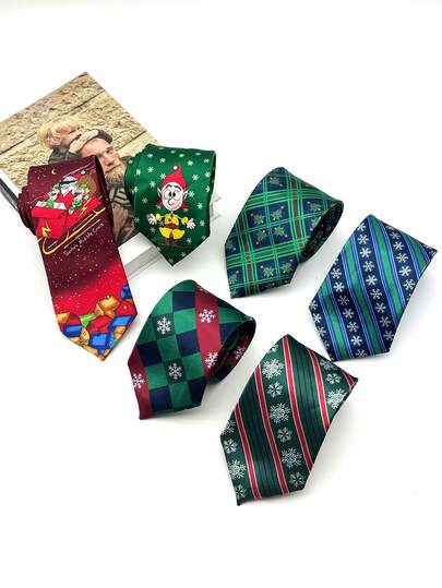 1 件男士圣诞树、圣诞老人、雪橇、小矮人、雪花节日领带装饰