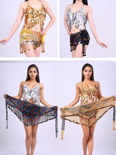 Sexy Women's New Sparkling Sequin Hip Scarf - Satin Tassel Tie-Up Waist Wrap Hip Scarf, Elastic Middle Eastern Belly Dance Costume Performance/Rehearsal Accessory