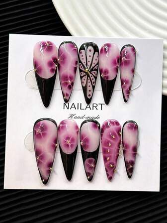 细高跟指甲手工法式按压指甲，带有多色金珠装饰、渐变手绘万圣节风格艺术图案和 3D 色块设计 - 全覆盖 DIY 光泽人造指甲，假指甲适用于万圣节派对、节日活动、日常穿着、假期、聚会、工作和特殊场合 - 10 件/包