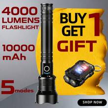 TazTir [ Buy One Get One Free ] P70 Rechargeable LED Flashlight (With 1 Free Keychain Flashlight Included), 4000 Lumens Ultra Bright Flashlight, 5 Modes, Large Capacity 10000mAh Battery Suitable For Camping, Emergency Situations, Outdoor Nighttime Dog Walking, And Hurricane Season - 黑色 - 查看 1