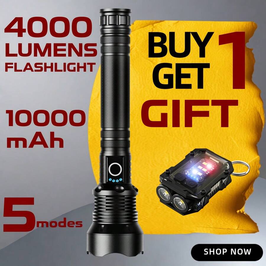 TazTir [ Buy One Get One Free ] P70 Rechargeable LED Flashlight (With 1 Free Keychain Flashlight Included), 4000 Lumens Ultra Bright Flashlight, 5 Modes, Large Capacity 10000mAh Battery Suitable For Camping, Emergency Situations, Outdoor Nighttime Dog Walking, And Hurricane Season - 黑色 - 查看 1
