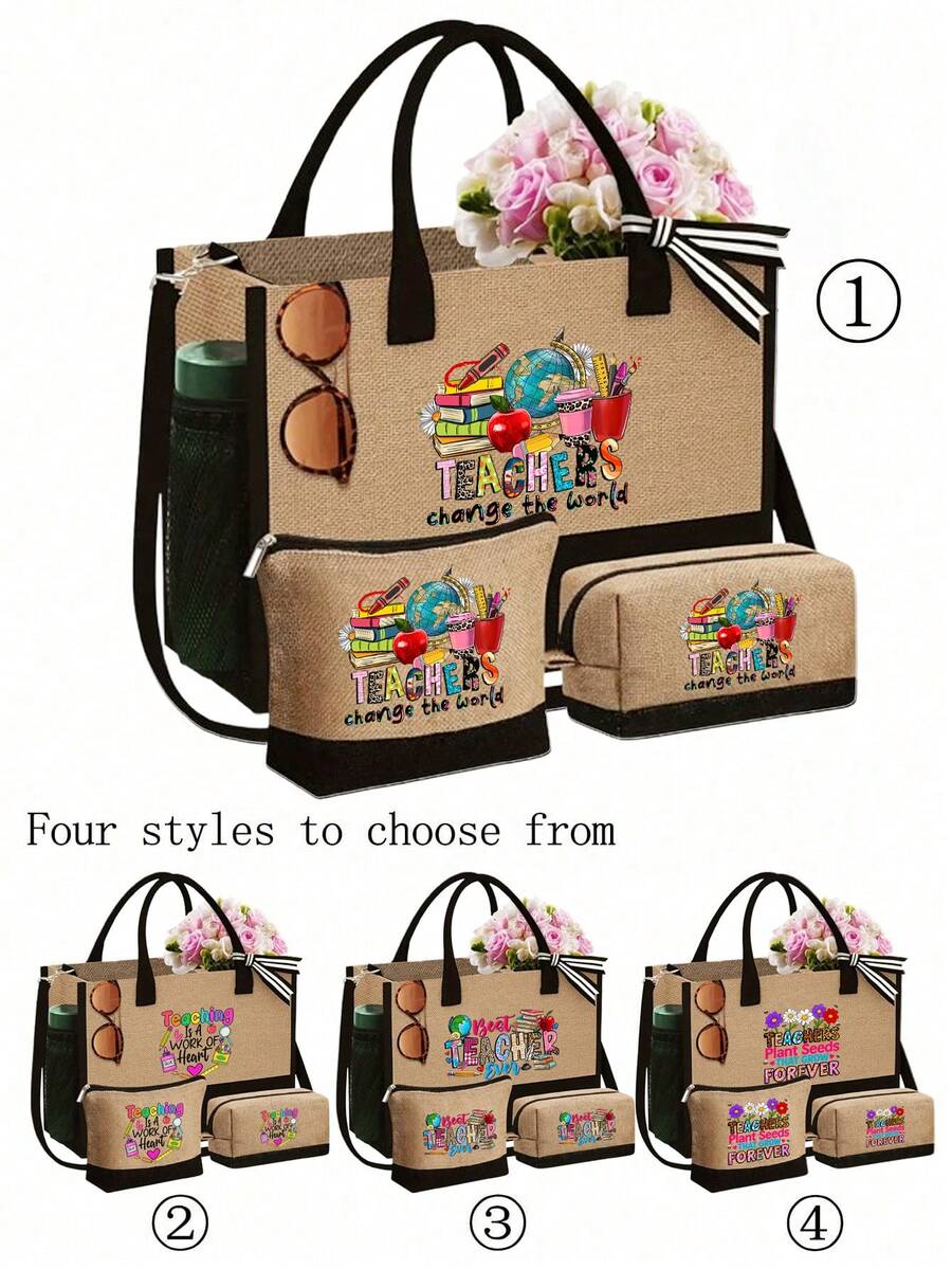Sac à main avec motif d'enseignant avec bandoulière et sac à cosmétiques, cadeau de la fête des enseignants, sac fourre-tout de rangement décontracté portable, sac de courses multifonction, sac cadeau personnalisé avec poches latérales, sac de plage avec foulard, sac de rangement de voyage simple, sac à bandoulière, sac à cosmétiques de voyage : idéal pour le maquillage en extérieur ! Cadeau de remise des diplômes - Multicolore - Voir 1