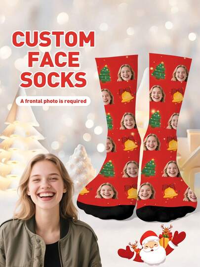 1 Pair Customized Face Socks, Customized Photo Printed Mid-Calf Socks, Suitable As Anniversary, Halloween, Christmas, Bride's Gift, Boyfriend's Gift, Unique Couple Socks, Men's Calf Socks, Thick Women's Long Socks For Autumn/Winter