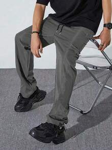 男士休闲宽松长裤，抽绳腰带，后袋设计，适合休闲约会、日常散步等场合。 - 灰色 - 查看 6