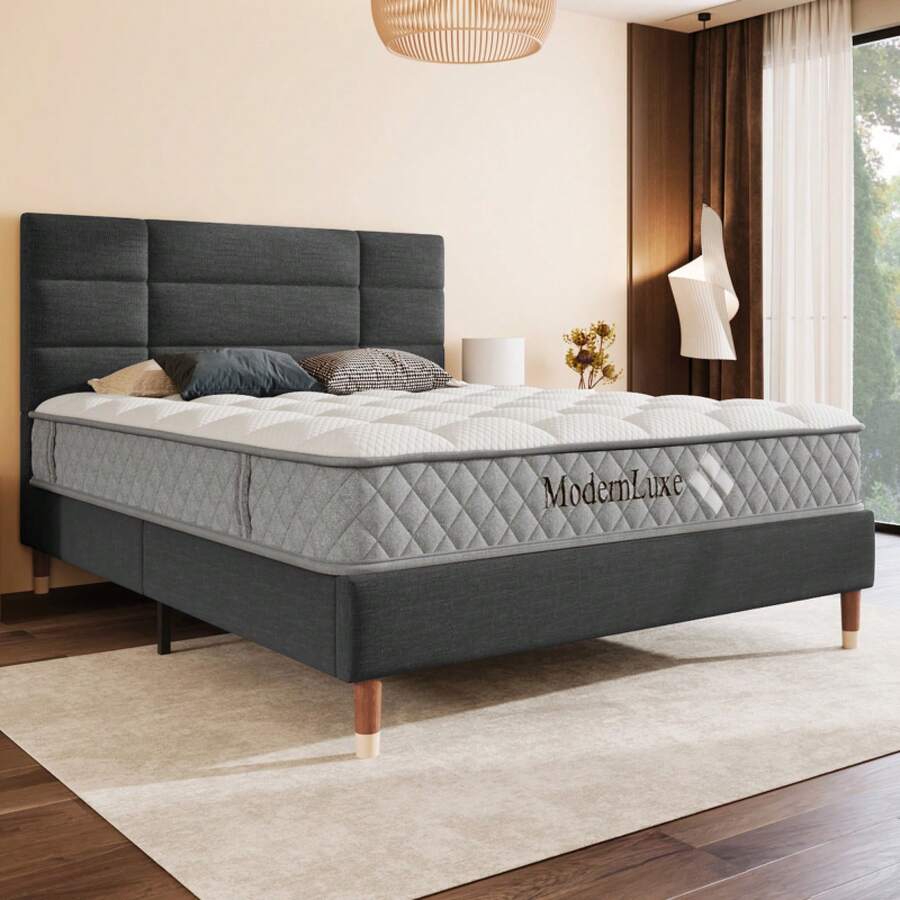 Upholstered Bed, Double Bed With Slatted Frame, 140x200cm Upholstered Bed Frame With Headboard, In Dark Grey Linen, For Adults And Teenagers (Mattress Not Included) - Gray + Solid Wood + 140cm*200cm - View 1
