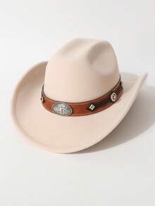 1pc Women's Fashion Solid Color Brim Felt Hat, Paired With Wide Silver Cowhead Belt Decor, Unique Western Cowboy Hat, Versatile For All Seasons, Outdoor Party & Casual Wear, Unisex