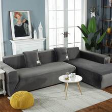2 Piece Velvet L-Shaped Sofa Cover, Modular Sofa Cover, Stretch Sofa Cushion Cover, Corner Sofa Cover With Pillowcases For 3-Seater + 4-Seater With Pillowcase - Màu xám đen - Xem 5