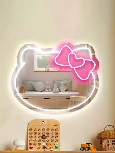 Sanrio 1 Stück Schlafzimmer Wandspiegel Anime Liebesschleife KT Katze Neonlichter, Schminktisch, Ankleidezimmer, Wohnzimmer, Flur, Neonlichter, dimmbare LED-Lichtleiste, Badezimmerdekoration, Schminktischbeleuchtung USB/Batterie betriebene LED-Neonlichter, rosa Schlafzimmerwanddekoration, geeignet für Räume, Valentinstag-Partys, Geburtstage, Hochzeitsgeschenke, Zuhause, Weihnachtsdekoration, Geschenke für Freundinnen, Ehefrauen, Freunde, Familie, Liebhaber