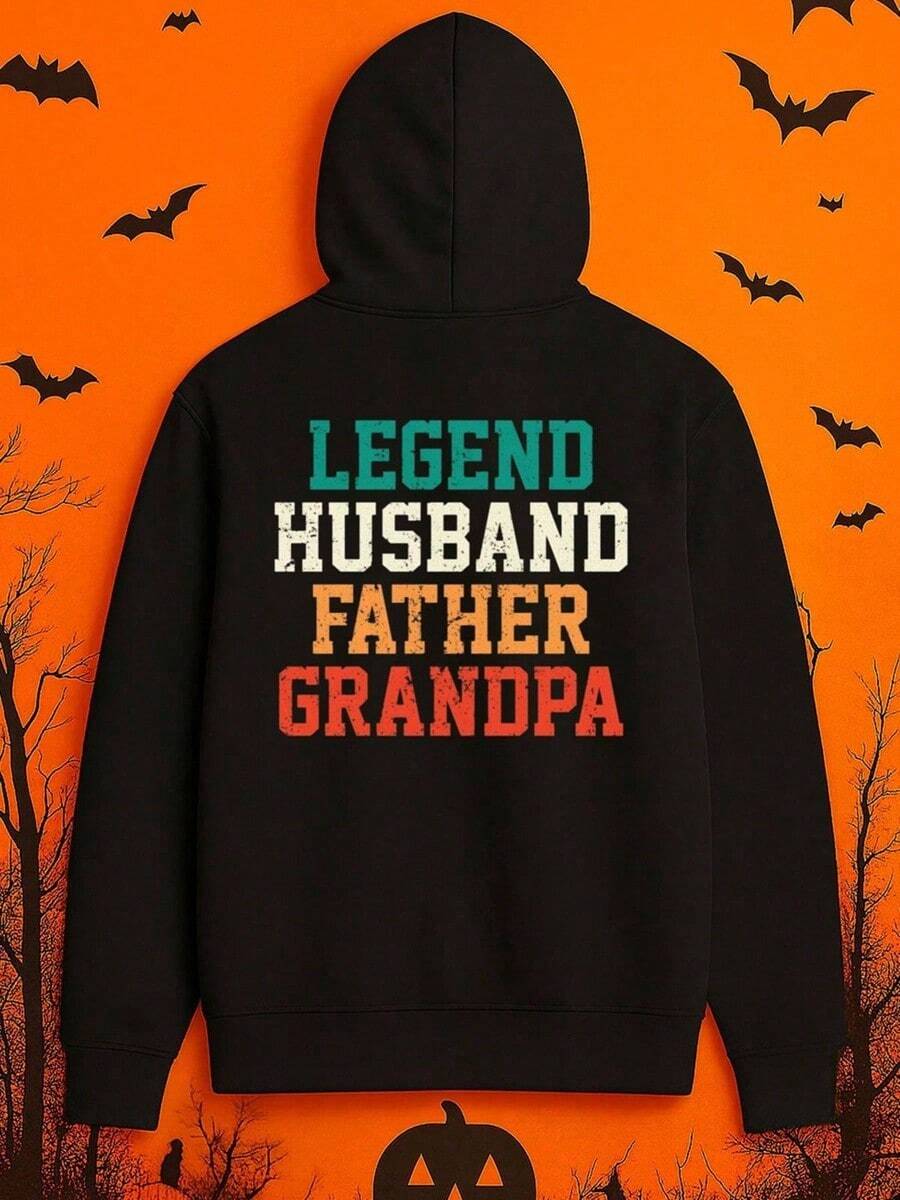 1pc Men'S Funny Husband Dad Grandpa Graphic Hooded Sweatshirt - Black Polyester Streetwear Pullover With Humorous Family Design, Comfortable Casual Hoodie For Christmas Gifts, Father'S Day & Casua,Fall Hoodies,Men's Fall Clothes,Street Wear,Halloween,Mens Hoodies,Y2k Clothes,Jesus Hoodie,Thanksgiving Day,Nightmare Before Christmas,Christmas - Black - View 1