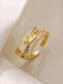 1 pezzo Anello aperto geometrico unico con zirconi, anello da dito di alta gamma in stile europeo e americano, gioiello alla moda con zirconi incastonati, anello elegante e minimalista in cristallo di quarzo per donna