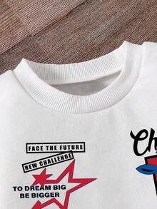 青少年男孩字母图案印花圆领长袖上衣和纯色裤子套装 - 紅色 - 查看 4