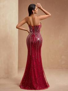 Elisanya AMILUCK New Luxury High-End Sequin & Beaded Lace Patchwork Bust Boned Mesh Ruffle Decor Sweetheart Mermaid Tail Dress - Burgundy - View 10