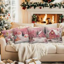 4pcs Pink Christmas Cabin Printed Cushion Cover Set, 45*45cm - Multicolor - View 9