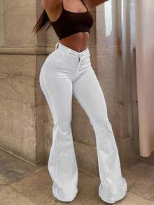女士中腰喇叭牛仔裤 - 弹力牛仔裤，经典复古水洗 - 白色 - 查看 8