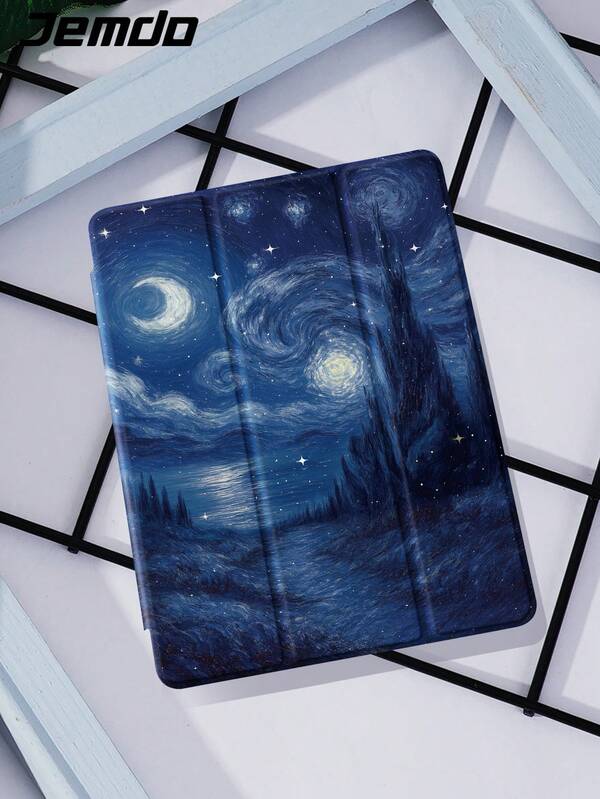 1pc Van Gogh Starry Night Oil Painting Print Flat Tablet Protective Case, Compatible With IPad 10.2", IPad Pro 11" 2021/2020/10th Gen, IPad Mini 4/5/6, IPad (A16) 11" 11th Gen 2025, Galaxy Tab S6 Lite 10.4", Matepad 10.4"/Tab, With Pencil Slot, Anti-Drop, Tablet Stand Protective Cover, Support Auto Sleep/Wake