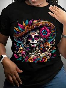 Women's Gothic Mexican Sugar Skull T-Shirt - Vibrant Floral And Graphic Design, Short-Sleeve Crew Neck Top, Perfect For Day Of The Dead Celebrations And Relaxed Outfits.