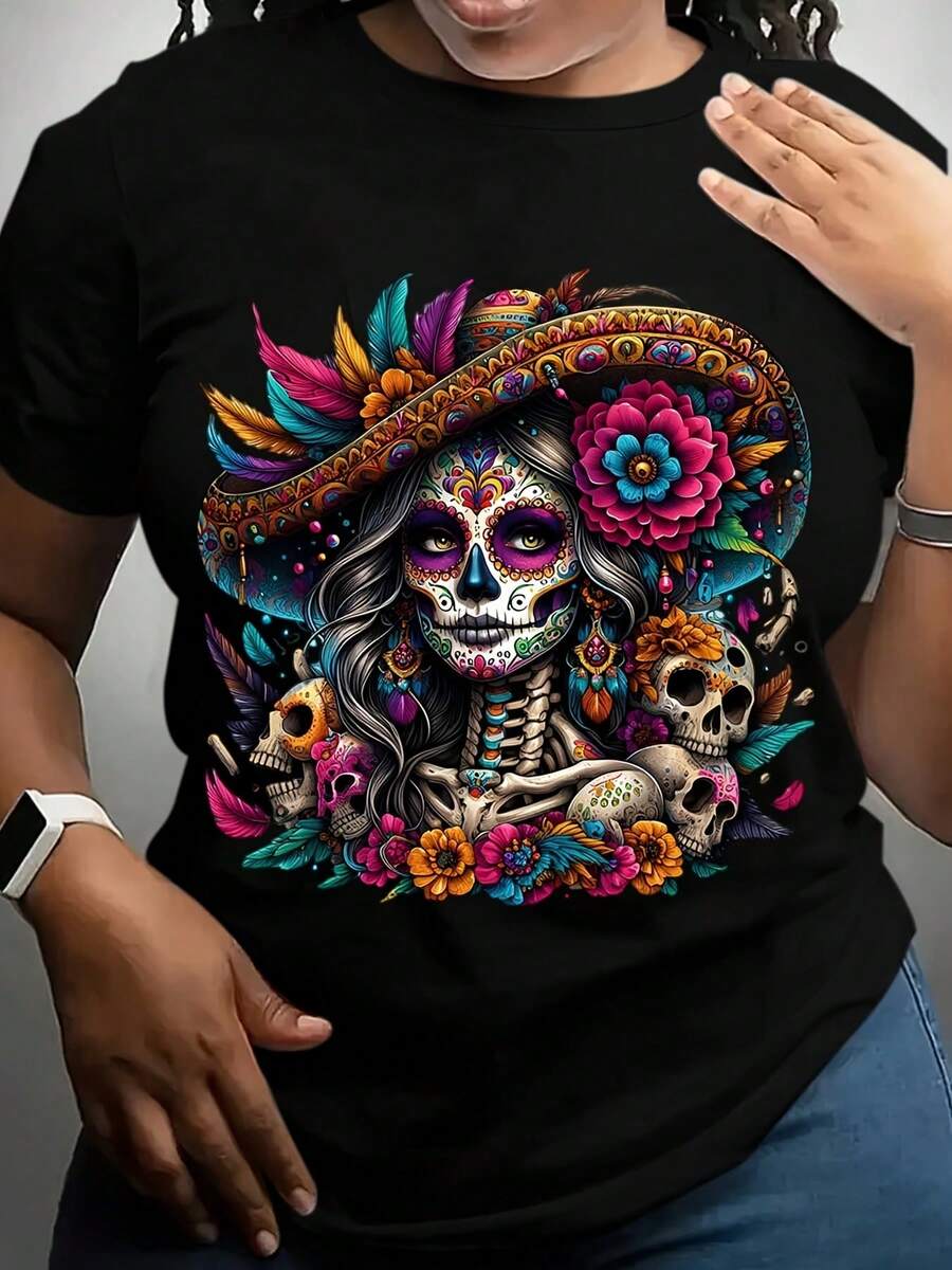 Women's Gothic Mexican Sugar Skull T-Shirt - Vibrant Floral And Graphic Design, Short-Sleeve Crew Neck Top, Perfect For Day Of The Dead Celebrations And Relaxed Outfits.