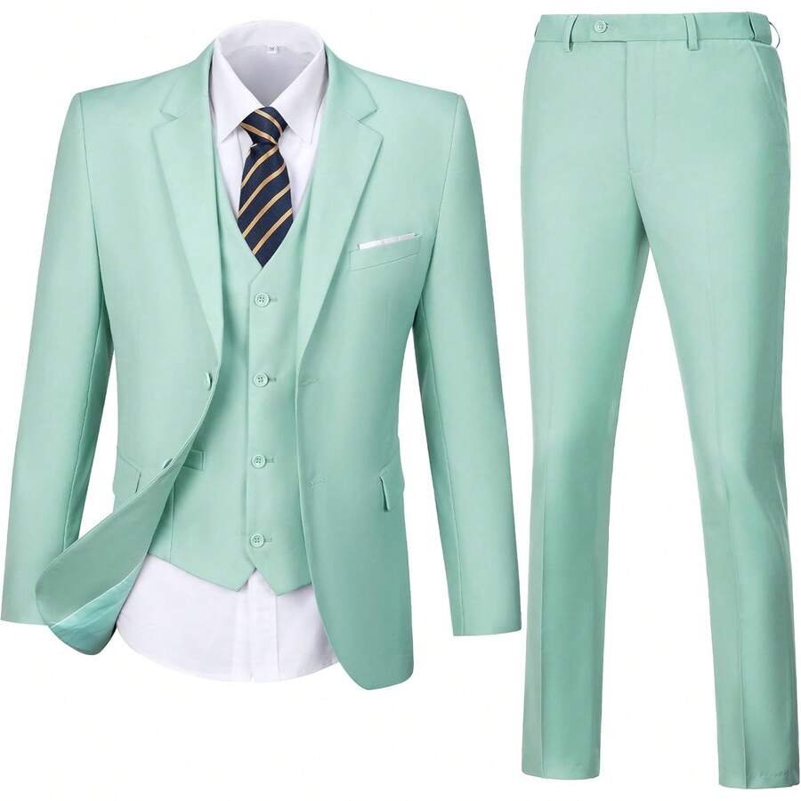Mens Solid Two - Button Slim Fit 3 - Piece Suit Set For Wedding And Formal Business: Blazer, Vest, Pants - 薄荷綠 - 查看 1