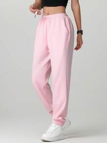 女士户外休闲跑步裤 - 弹性腰带口袋运动裤，轻便四季皆宜，女士运动长裤，适合健身房，可机洗，纯色设计，舒适贴合，Y字版型，弹力腰带，是户外徒步和运动爱好者的理想之选。 - 粉色 - 查看 2