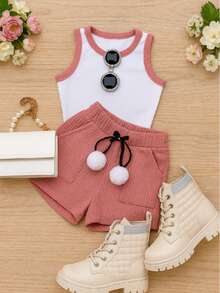 Girls' And Teen's 2-Piece Set: Cropped Tank Top And Shorts With Pompom Detail, Ribbed Knit, Super Delicate, Spring/Summer Fashion CJI034 - Rusty Rose - View 2