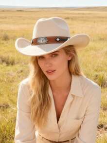 1pc Women's Fashion Solid Color Brim Felt Hat, Paired With Wide Silver Cowhead Belt Decor, Unique Western Cowboy Hat, Versatile For All Seasons, Outdoor Party & Casual Wear, Unisex