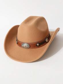 1pc Women's Fashion Solid Color Brim Felt Hat, Paired With Wide Silver Cowhead Belt Decor, Unique Western Cowboy Hat, Versatile For All Seasons, Outdoor Party & Casual Wear, Unisex