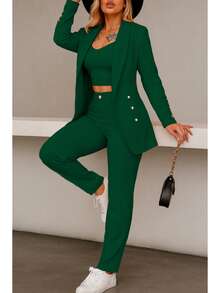 Conjunto elegante de blazer y pantalón de manga larga con cuello chal y doble botonadura para mujer, tejido elástico medio. - Verde Oscuro - Ver 3