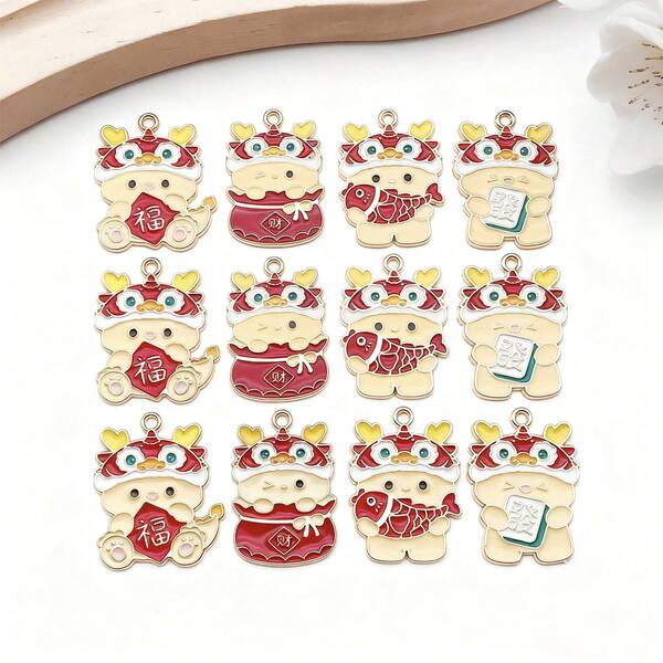 5 pièces Bijoux en alliage émaillé de style chinois Année du Dragon, Richesse et Abondance - Pendentif, boucles d'oreilles, collier, accessoires de charme DIY