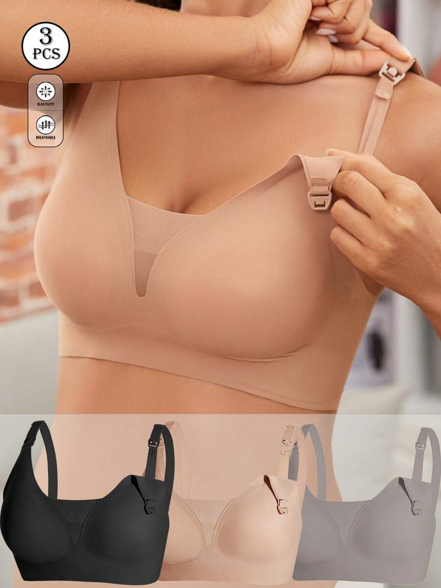 3pcs Maternity & Nursing Bras, Deep V-Neck Sexy Front Closure Breastfeeding Bras, Comfortable Seamless Lift & Support, Suitable For All Seasons - Multicolor - View 1