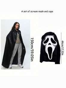 1 set Masque et cape de costume de fantôme hurlant d'horreur, accessoire de costume de fête d'Halloween en latex pour adultes