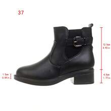 1 paire de bottes courtes pour femmes de style occidental à boucle de couleur unie avec fermeture éclair latérale, chaudes pour les vacances et l'hiver - Noir - Voir 5