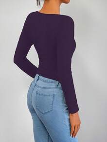 Fashionable Sexy V-Neck Tight Fit Long Sleeve Base Layer Top, Spring/Summer New Arrival Casual - Lilac Purple - View 3