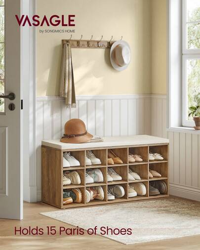 VASAGLE Shoe Bench With Cushion, Storage Bench With Padded Seat, Entryway Bench With 15 Compartments, For Bedroom, 11.8 X 41.3 X 18.9 Inches