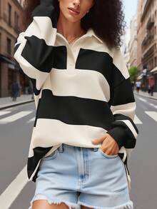 Y2k Women Striped Rugby Polo Shirt Long Sleeve Collared Oversized Vneck Sweatshirt Vintage Jersey Girls Streetwear - 黑與白 - 查看 1