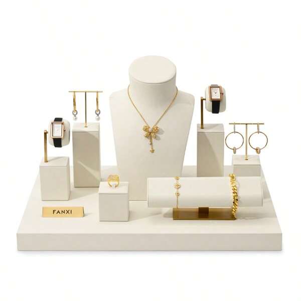 WOODTEN مجموعة عرض المجوهرات اللون البيج: خزانة عرض أنيقة للمتاجر لعرض القلائد والساعات والخواتم والأقراط والأساور - مثالية لمتاجر التجزئة والمتاجر الصغيرة وديكور المنزل، تعزز الجاذبية البصرية وتشجع تفاعل العملاء خلال المواسم العطلات والمناسبات الخاصة