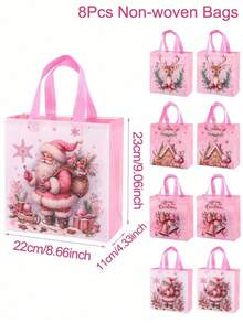4/8pcs Pink Christmas Tote Bags With Handles, Santa Claus Elk Bell Pattern Reusable Gift Bags, Grocery Shopping Bag, Non-Woven Bags, Party Favors Bags, Festive Christmas Decorations For Home 2025 Xmas Gifts Christmas New Year 2026 Packaging Bags