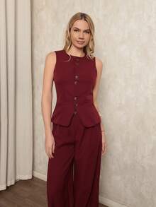 Women's Tailored Set Wide Leg Pant With Vest Elegant Casual Plain Social Simple Button Pocket Plain Women's Suit, High-Waisted Straight Casual Pants, V-Neck Cardigan, Sophisticated Look, High Quality, Modern Look, Versatile Piece, Elegant Style, Two-Piece Set, Casual Chic Look, Comfortable And Stylish, Skirt With Pockets, Elastic Waistband, Eye-Catching Piece, Perfect For Spring And Summer, Blogger Style, Casual And Formal, Suitable For All Occasions, Elegant And Fresh, Feminine Look, Summer 2025 Collection. - Màu Đỏ Sâu - Xem 6