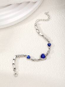 1 pieza Brazalete y aretes con cristal de zirconia en forma de corazón de color azul zafiro brillante como regalo de joyería para el Día de San Valentín para mujeres