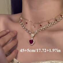 1 Piece Of Fashionable Luxury Inlaid Red Synthetic  Heart-Shaped Imitation Pearl Double-Layer Tassel Layered Women's Necklace Exquisite Light Luxury Elegant Party Banquet Collarbone Chain Women's Daily Clothing Matching Jewelry - vàng - Xem 3