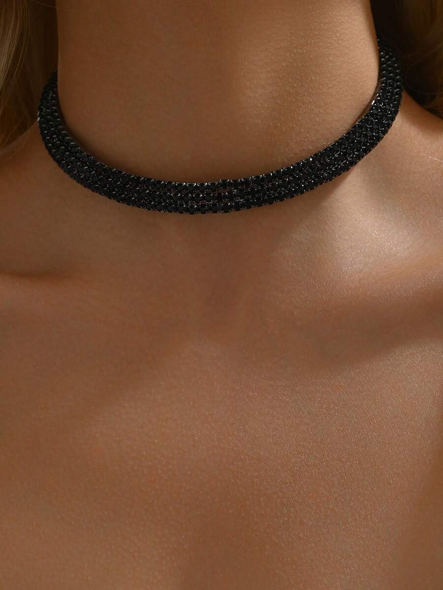 1 chiếc vòng cổ choker thời trang đính đá Rhinestone dành cho tiệc tùng và dạ hội - màu đen - Xem 1