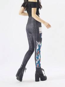 1 Pair Black Denim Santa Claus Print Christmas Series Leggings, Minimalist Skinny Pants, Autumn/Winter