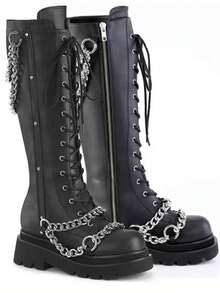 Punk Womens Knee High Boots Goth Platform Heel Thick Heel Knee High Boots For Women Lace Up Knee High Boots Motorcycle Boots Valentine's Day Gifts - 黑色 - 查看 9