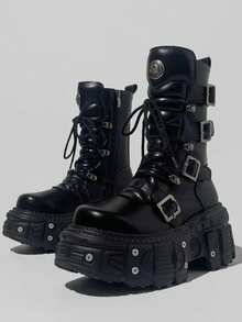 Goth Platform Chunky Boots For Women Lace Up Round Toe Rivet Combat Boots Daily Casual Cosplay Or Gothic Dresses Halloween Concert Festival Mid-Calf Boots - 黑色 - 查看 10