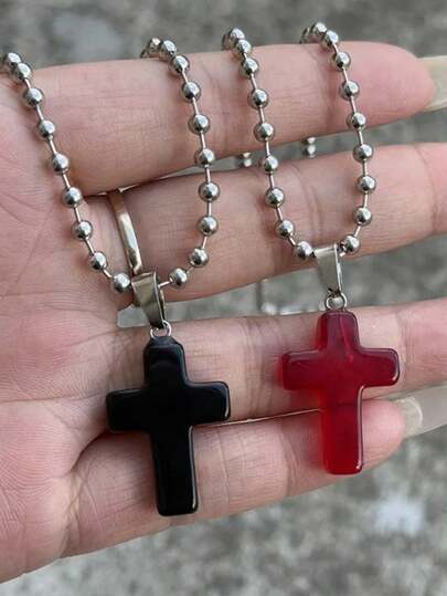 1 Stück Gothic Punk Stil Glas Kreuz Anhänger Stahl Perlen Halskette, geeignet für Frauen, Halloween/Abschlussgeschenk