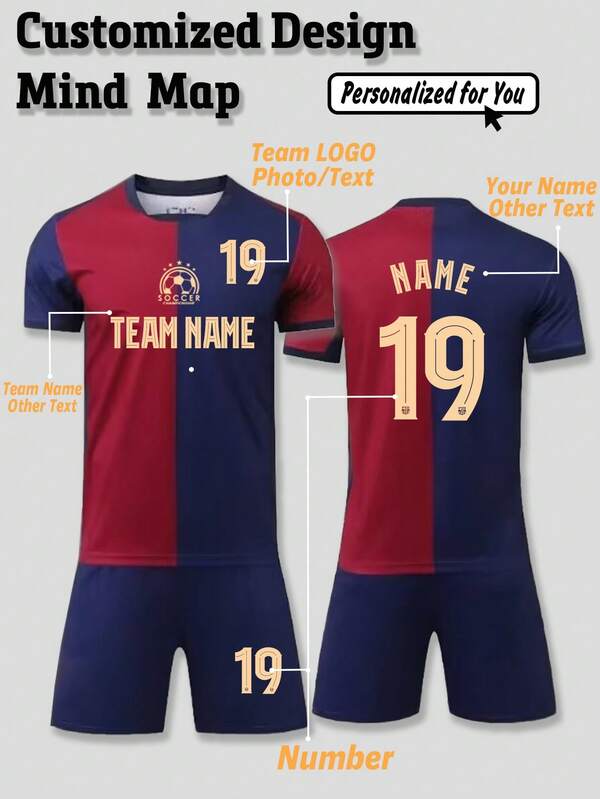 2pcs Customized Barcelona 24/25 Season Red & Blue Soccer Jersey Set - Personalized With Name, Number And Photo Print Short Sleeve T-Shirt + Shorts Sports Suit, Ideal Gift For Him, Fashionable, Casual, Minimalist, Personalized, Unique, Men's Apparel, Capsule Wardrobe, Men's Basics/Streetwear, Suitable For Birthday, Vacation/Holiday, School/Match, Sports/Climbing Occasions