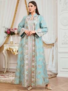 SISKAKIA Đầm dệt họa tiết lá cây sang trọng, đính sequin và thêu ghép mảnh, thích hợp cho kỳ nghỉ, đi học, công sở, hẹn hò, mọi mùa xuân. - màu xanh lá - Xem 5