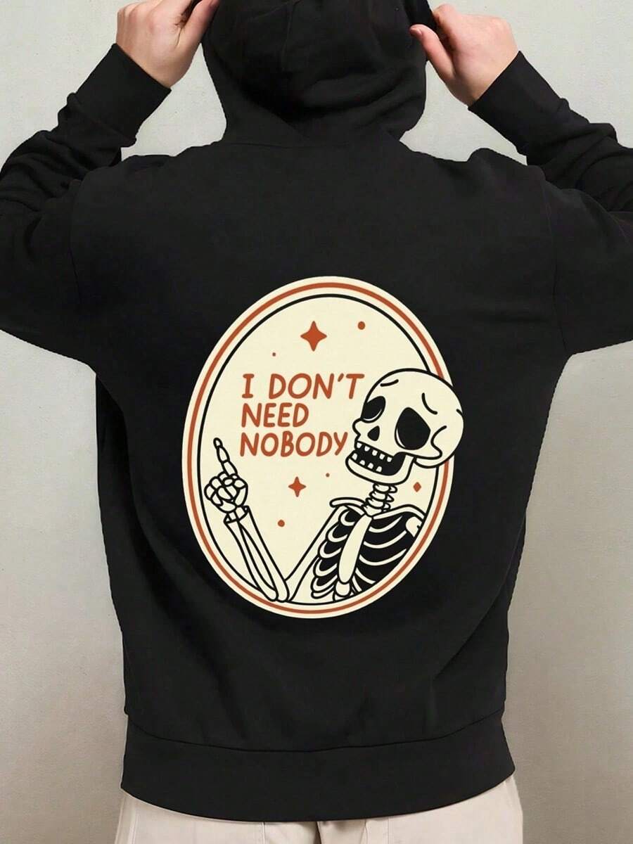 1-Pack Men's Funny Gothic Hooded Sweatshirt - I Don't Need Nobody Skeleton Graphic Pullover, Black Hoodie With Back Print, Regular Fit Casual Gym & Casual Attire, Comfortable Long Sleeve Hoode (1),Fall Hoodies,Men's Fall Clothes,Street Wear,Halloween,Mens Hoodies,Y2k Clothes,Jesus Hoodie,Thanksgiving Day,Nightmare Before Christmas,Christmas - 黑色 - 查看 1