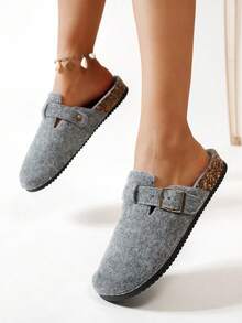 女士温暖毛绒一脚蹬拖鞋，秋冬休闲时尚百搭拖鞋 - 灰色 - 查看 3