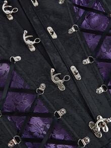 Áo nịt ngực Steampunk Gothic Colorblock Bustier không dây có xương Bodysuit cài nút phía trước cho nữ bó sát Overbust Corset buộc dây Masquerade Bandeau Bra Halloween - Màu tím - Xem 5